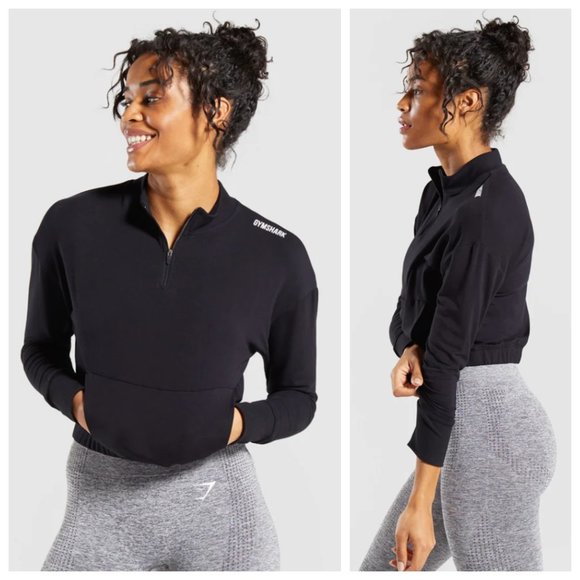 Gymshark Tops - Gymshark Pippa Black Logo Quarter Zip Cropped Pullover Sweatshirt Jacket